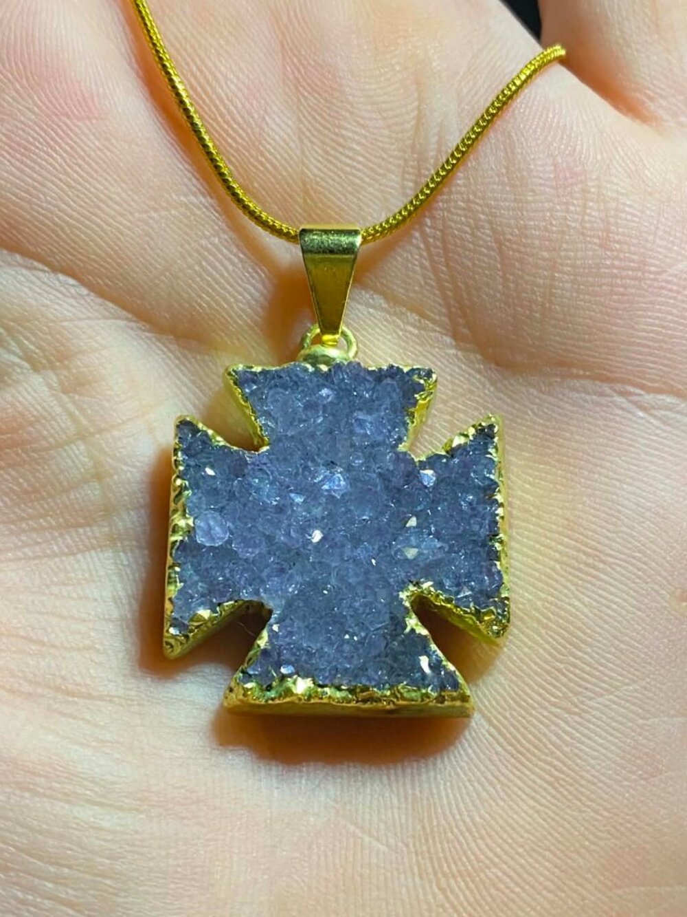 Natural Purple Druzy Quartz Cross Pendant 18KGP Rope Chain
